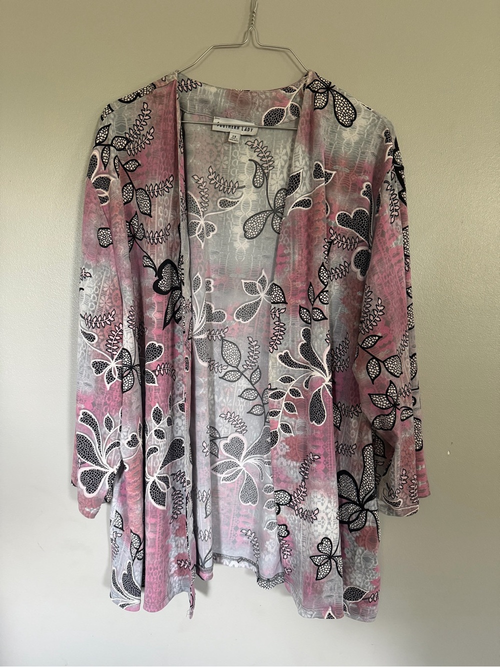 Southern Lady Pink Gray Floral Open Cardigan